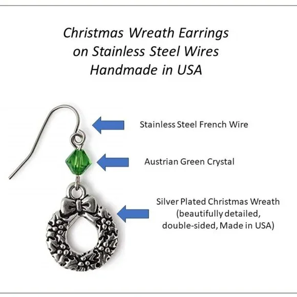 Christmas Wreath Earrings Green Austrian Crystal Womens Girls Holiday Jewelry - Picture 2 of 3